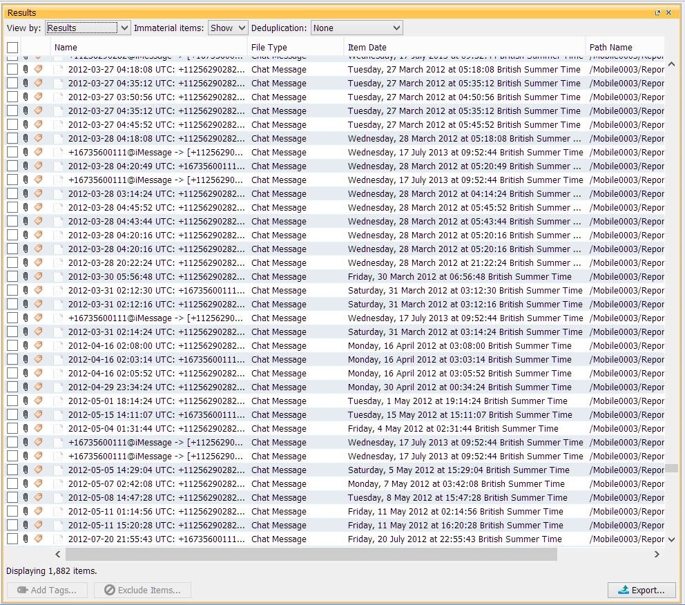Figure 1: A list of communication records and associated metadata in tabular form.