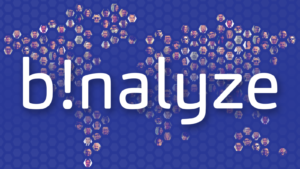 Binalyze company name / logo in white text overlaying a blue map of the world composed of employees' faces