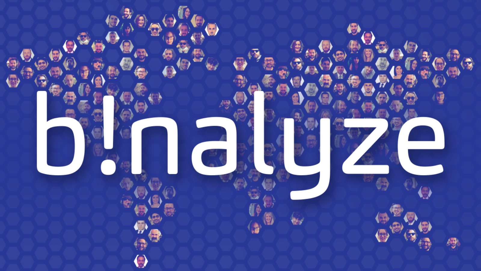 Binalyze company name / logo in white text overlaying a blue map of the world composed of employees' faces