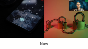 a locked smartphone screen side by side with padlocks connected by chains