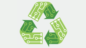 A green recycle logo with white circuit board lines depicting data recycling