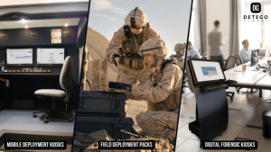 A triptych of images shows a mobile lab, two soldiers in a desert environment, and a corporate conference room