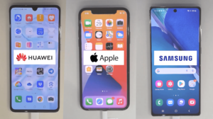 Three smartphone home screens side by side