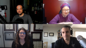 A quadrant of four panelists: two white women and two white men, all with office backdrops