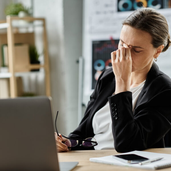 woman at laptop looking stressed